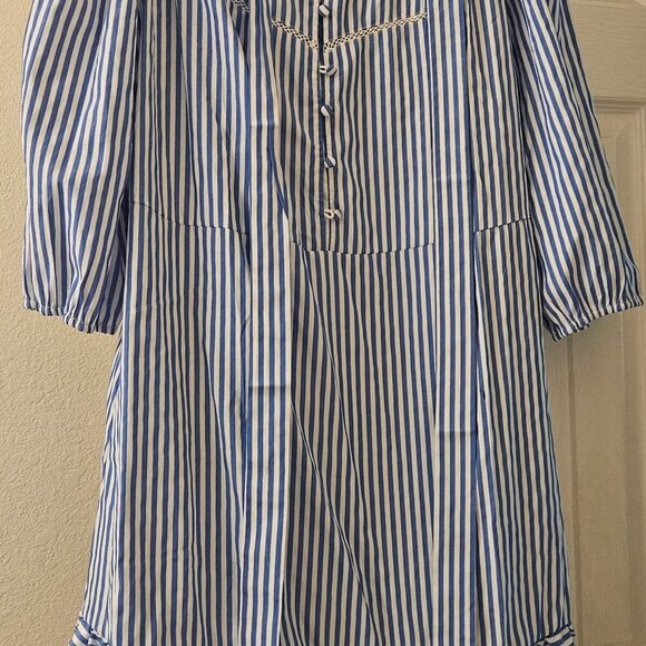 Boho Cottagecore NWT blue stripe midi Peasant Coastal dress embroider pocket XL - Picture 12 of 13